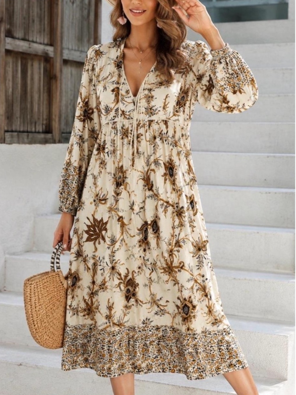 R. VIVIMOS Boho Floral V-Neck Tassel Fall Midi Dress Size 2XL NWOT